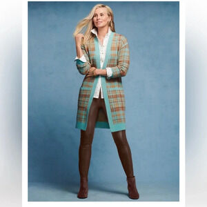 TALBOTS BIRD'S EYE PLAID OPEN FRONT CARDIGAN IN CANDIED BLUE/CAFE WOOL BLEND